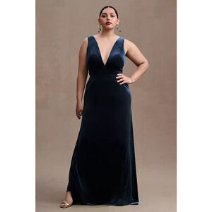 BHLDN Jenny Yoo French Blue Plunging V-Neck Velvet Logan Gown 14 NEW